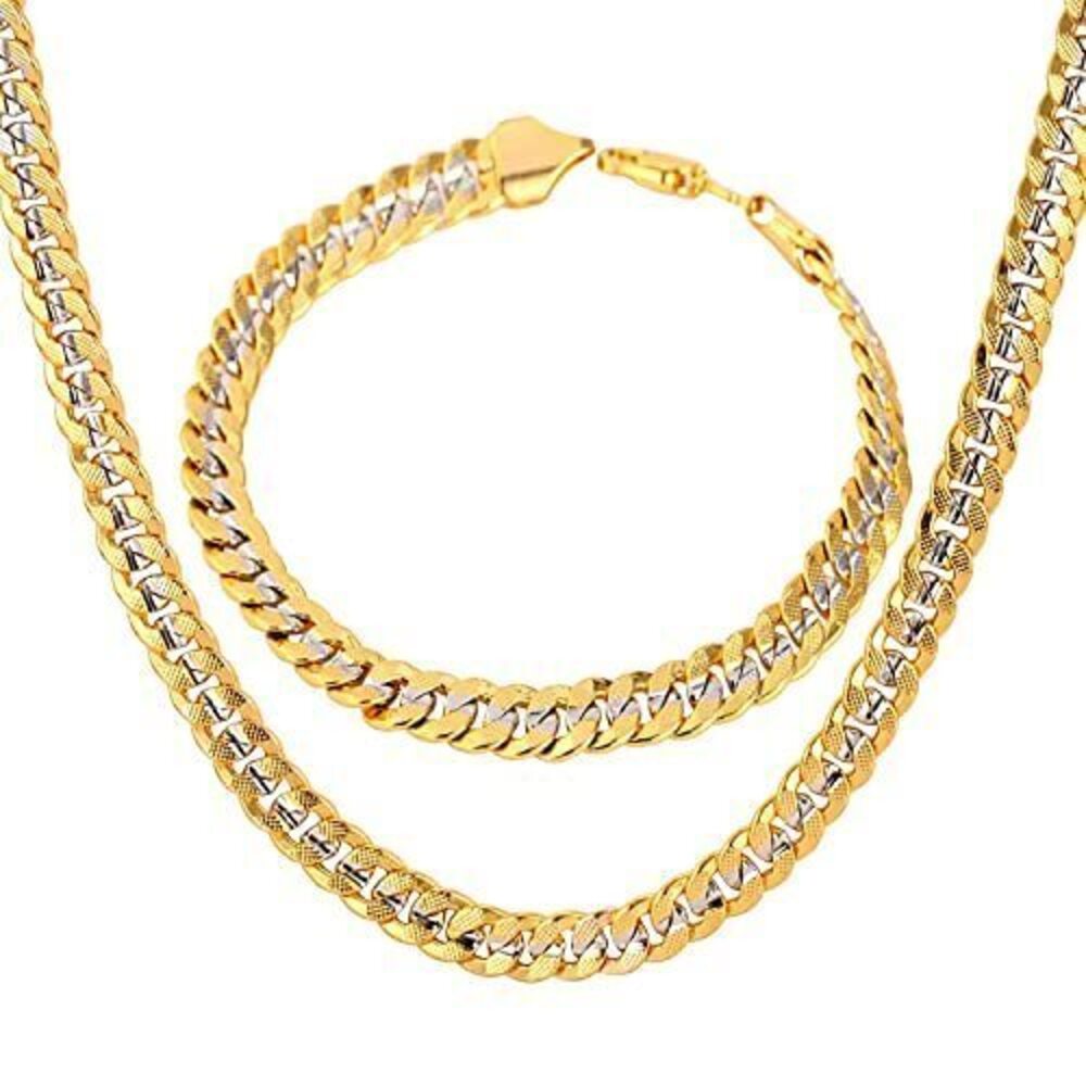 5732 6mm Wide Curb Chain Set Two Tone Gold Plated Jewelry 18K Stamp Yellow